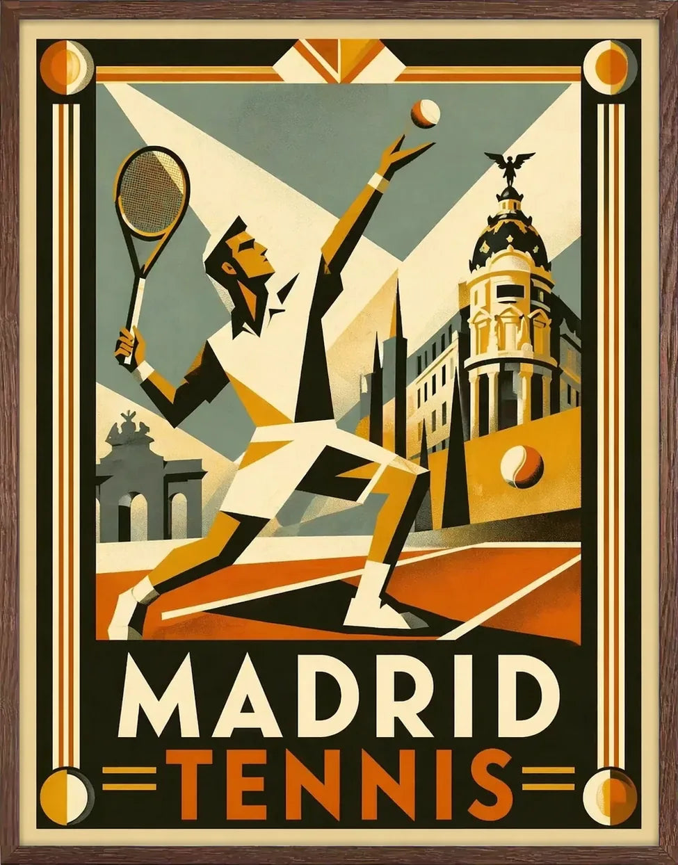 Cadre chene clair autour de l'affiche tennis Madrid Metropolis art deco de Cedric des Lauriers