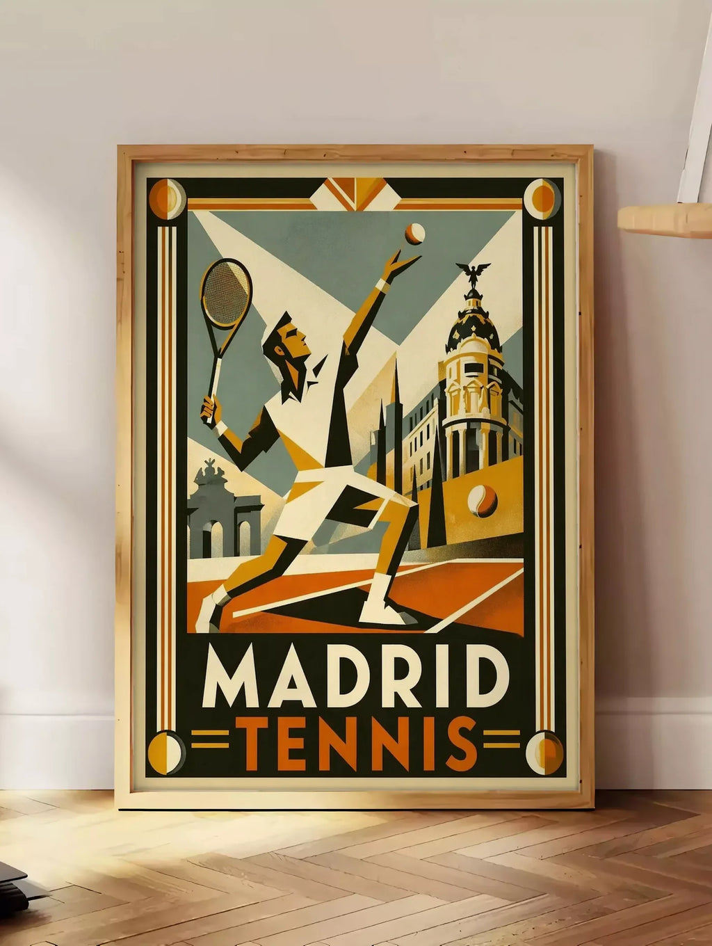 Estampe affiche tennis Madrid art deco, posee au sol dans un coin salon, sur un parquet a chevrons, pres d'une table d'appoint en chene chargee de livres