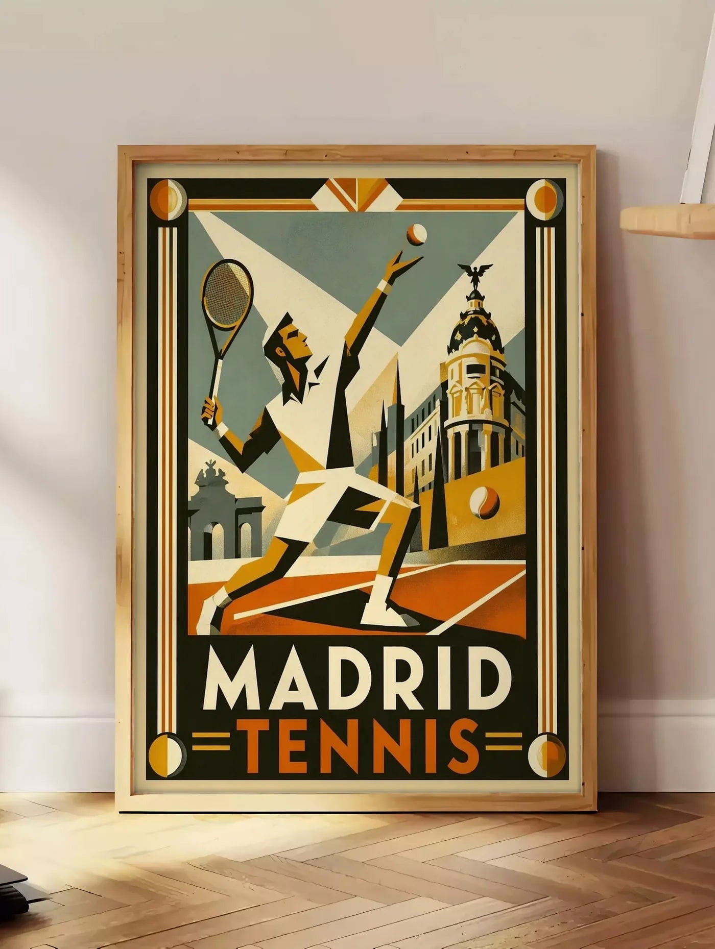 Estampe affiche tennis Madrid art deco, posee au sol dans un coin salon, sur un parquet a chevrons, pres d'une table d'appoint en chene chargee de livres