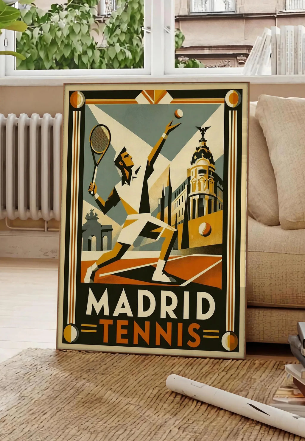 Poster affiche tennis Madrid art deco, posee au sol dans un salon parisien, devant une grande fenetre donnant sur un immeuble haussmannien, entre un ficus et un canape creme