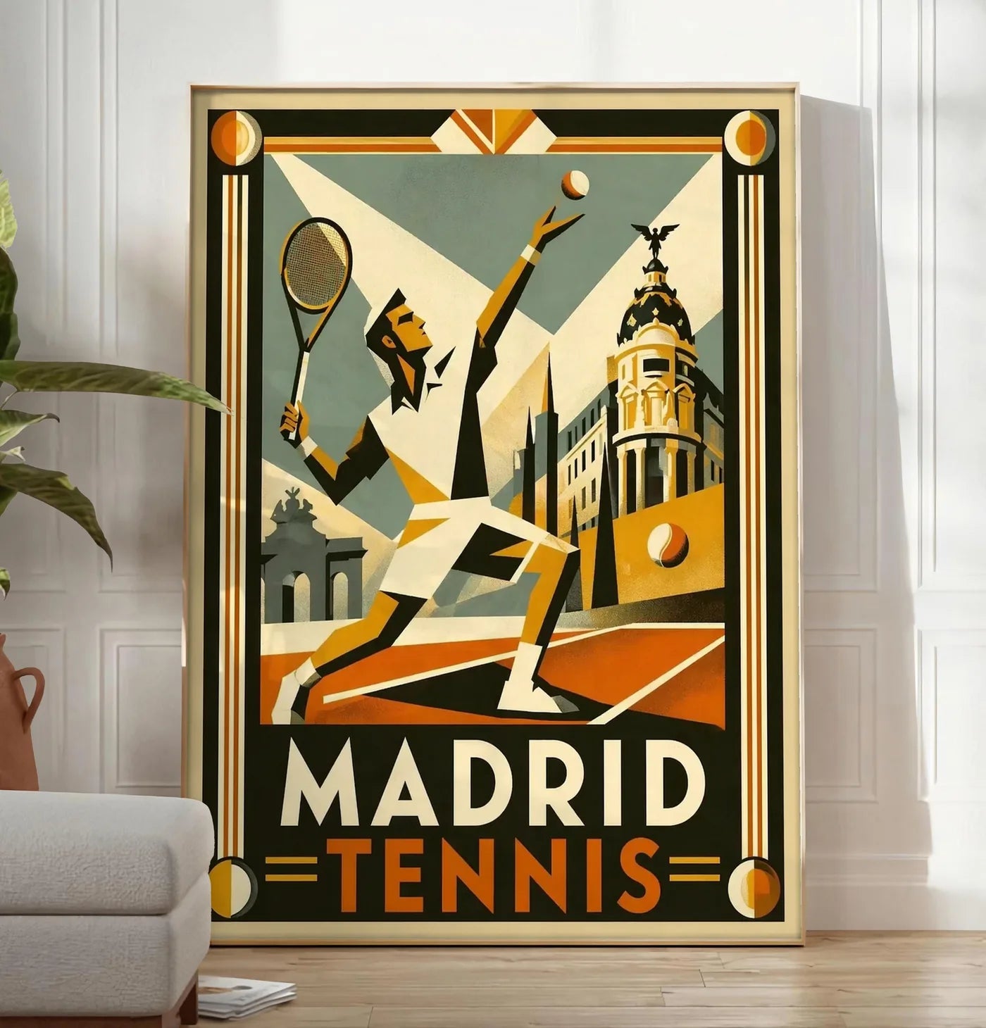 Reproduction affiche tennis Madrid art deco, posee au sol dans un salon minimaliste clair, a cote d'un canape beige et d'une plante verte, sur un parquet clair