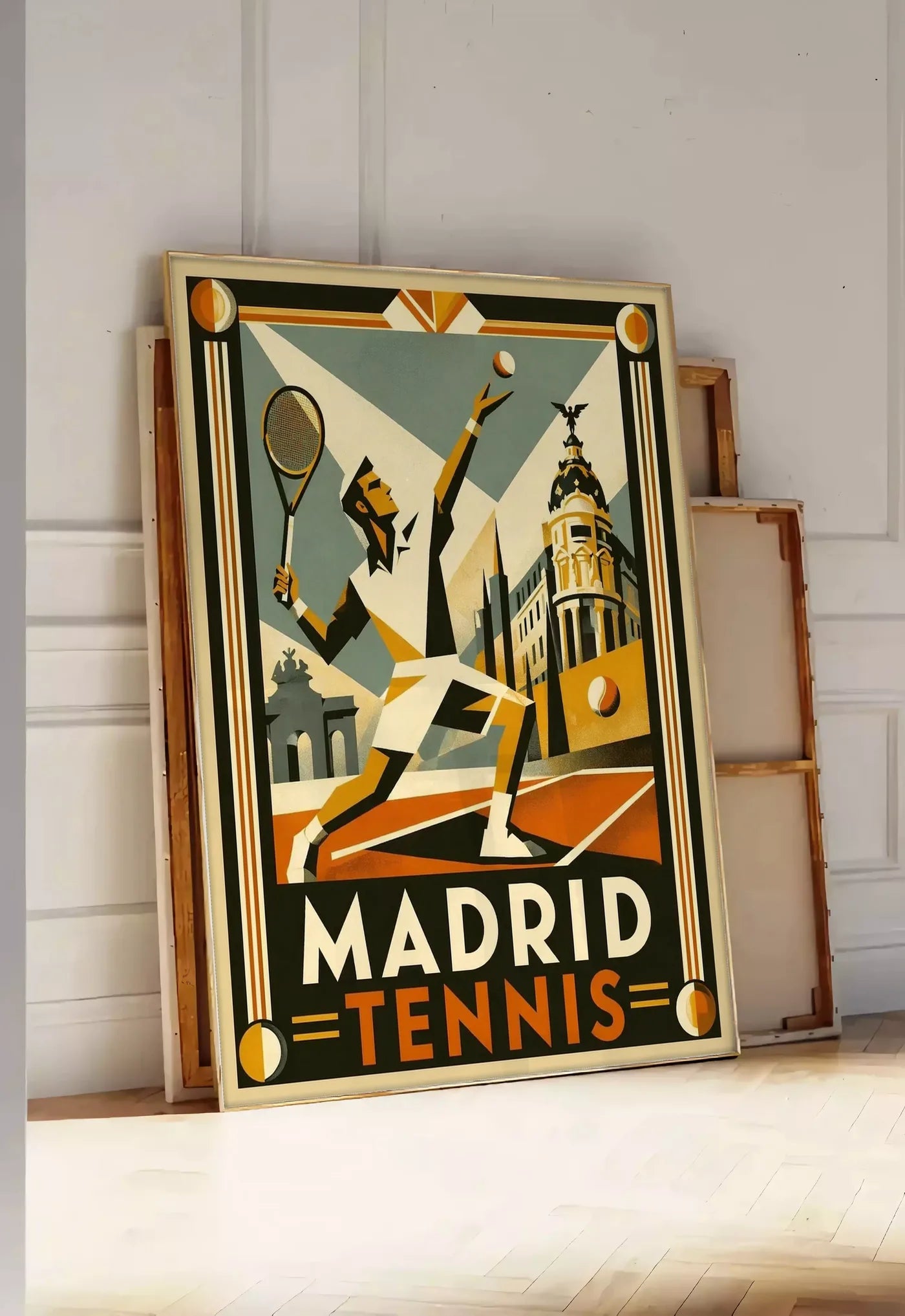 Tirage encadrable affiche tennis Madrid art deco, posee au sol dans une entree lumineuse, contre un mur a panneaux blancs, a cote de chassis en bois empiles