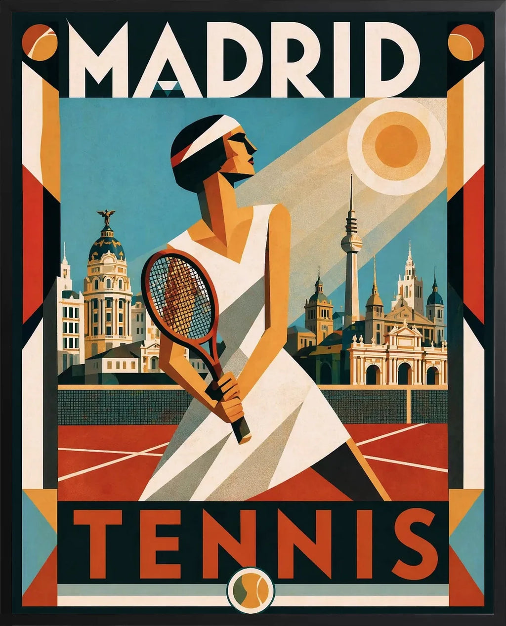 Encadrement noir mat presentant la joueuse tennis nuit et le skyline de Madrid avec Metropolis