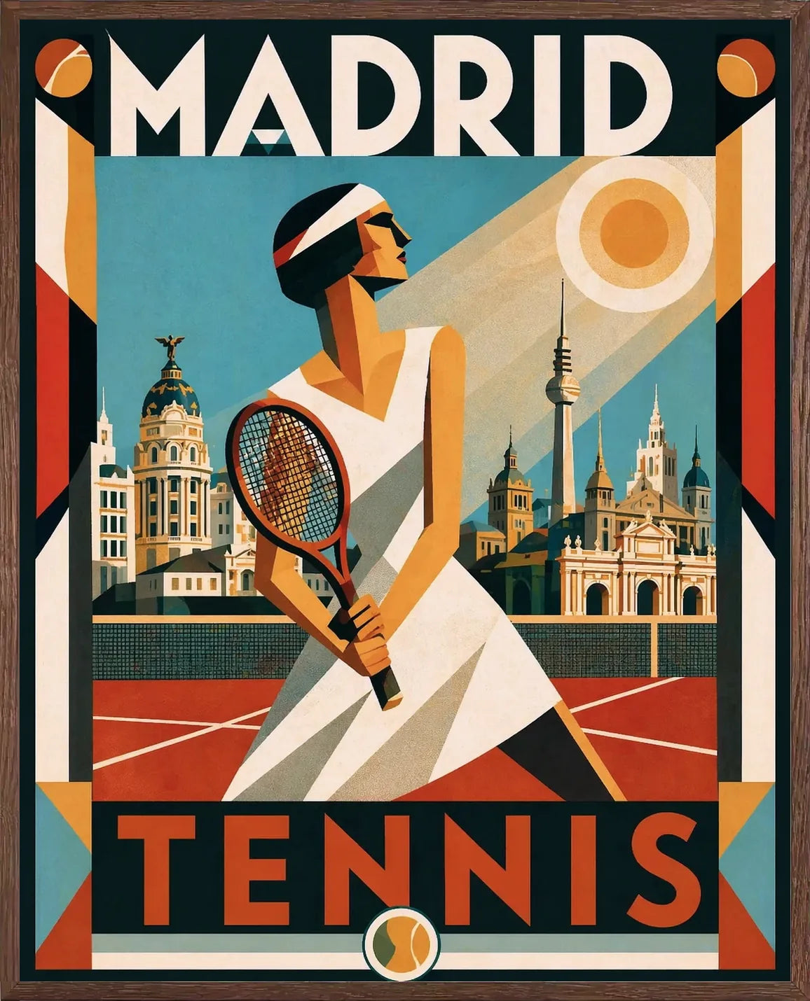 Cadre chene clair autour de l'affiche tennis Madrid nocturne art deco de Cedric des Lauriers
