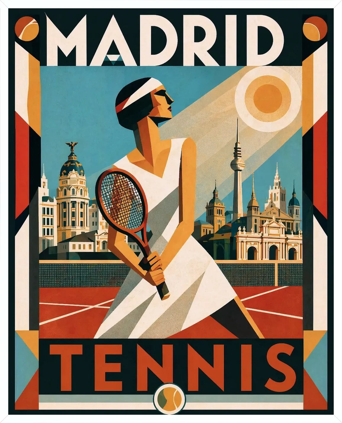 Cadre blanc epure pour l'affiche tennis Madrid nocturne joueuse bleu nuit terracotta