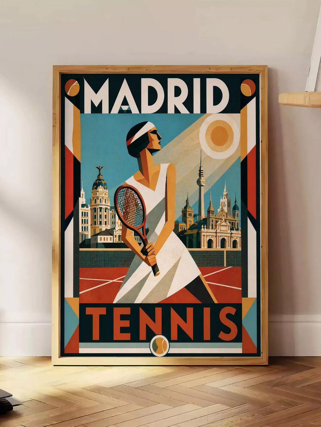 Estampe affiche tennis Madrid art deco nocturne, posee au sol dans un coin salon, sur un parquet a chevrons, pres d'une table d'appoint en chene chargee de livres
