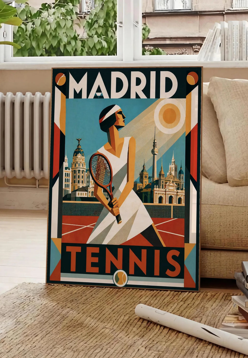 Poster affiche tennis Madrid art deco nocturne, posee au sol dans un salon parisien, devant une grande fenetre donnant sur un immeuble haussmannien, entre un ficus et un canape creme