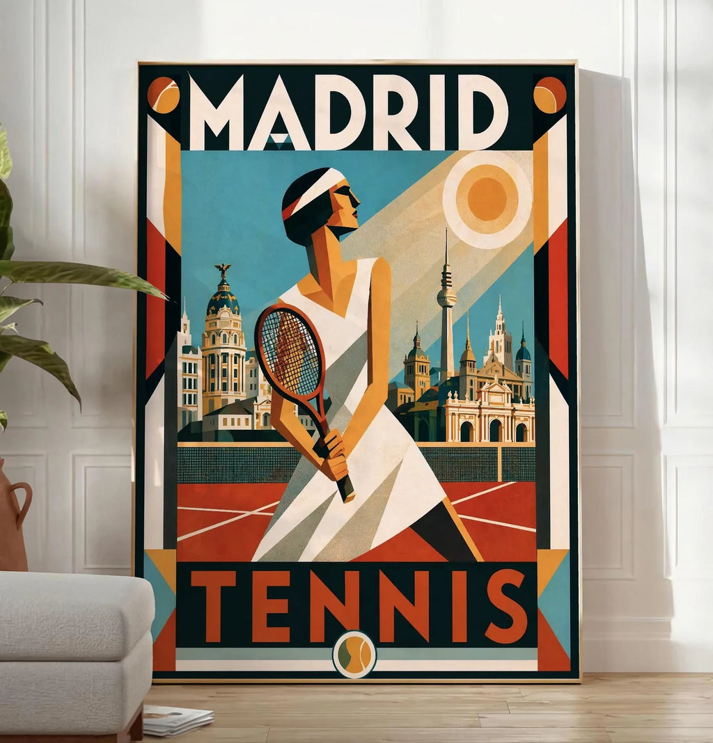 Reproduction affiche tennis Madrid art deco nocturne, posee au sol dans un salon minimaliste clair, a cote d'un canape beige et d'une plante verte, sur un parquet clair