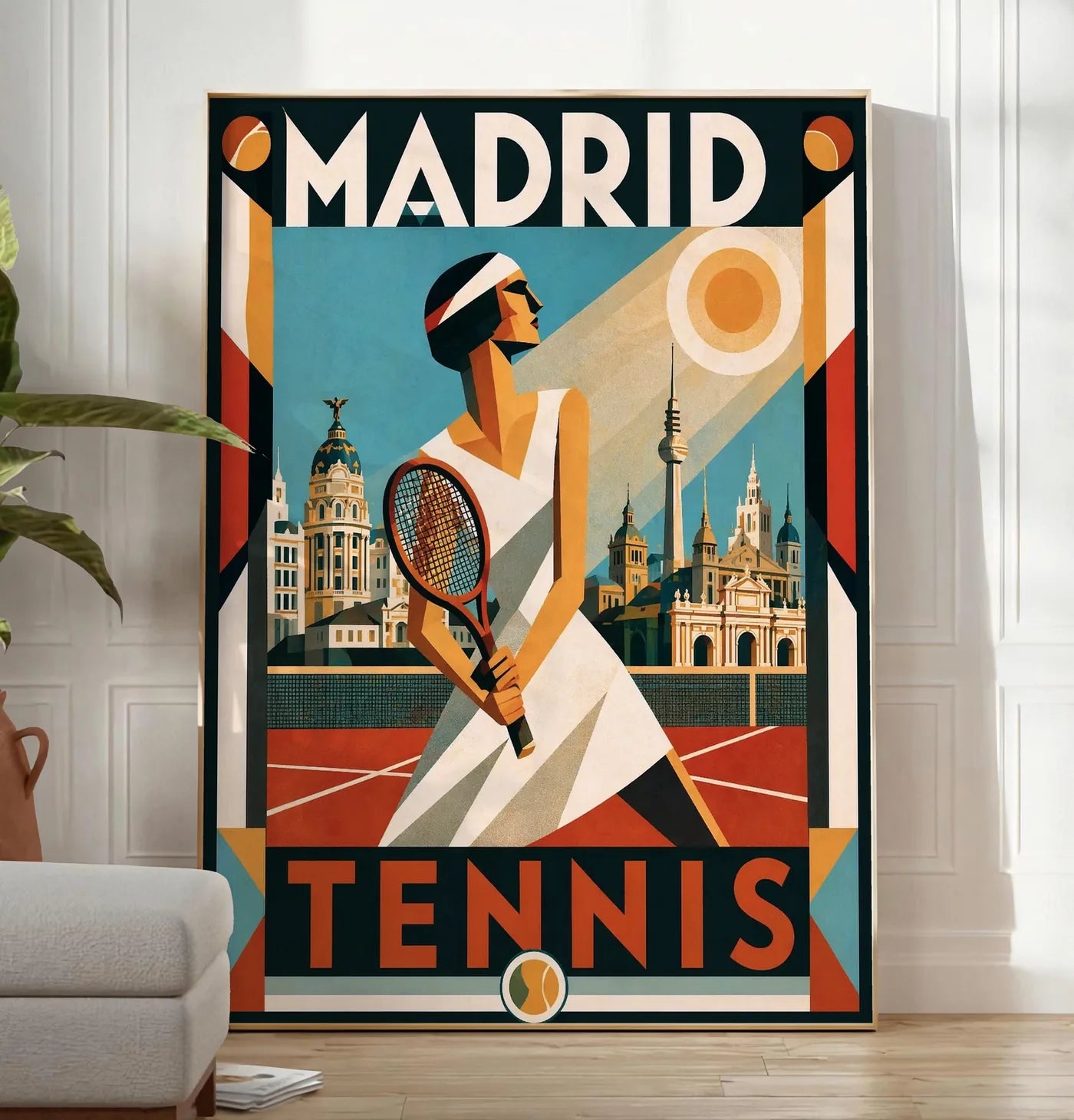 Reproduction affiche tennis Madrid art deco nocturne, posee au sol dans un salon minimaliste clair, a cote d'un canape beige et d'une plante verte, sur un parquet clair
