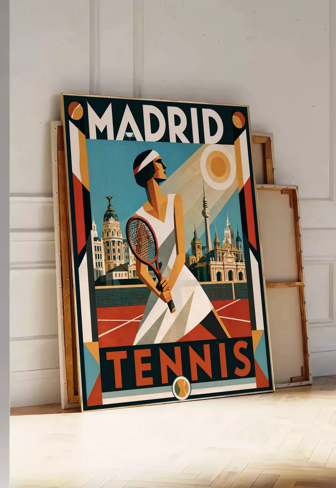 Tirage encadrable affiche tennis Madrid art deco nocturne, posee au sol dans une entree lumineuse, contre un mur a panneaux blancs, a cote de chassis en bois empiles