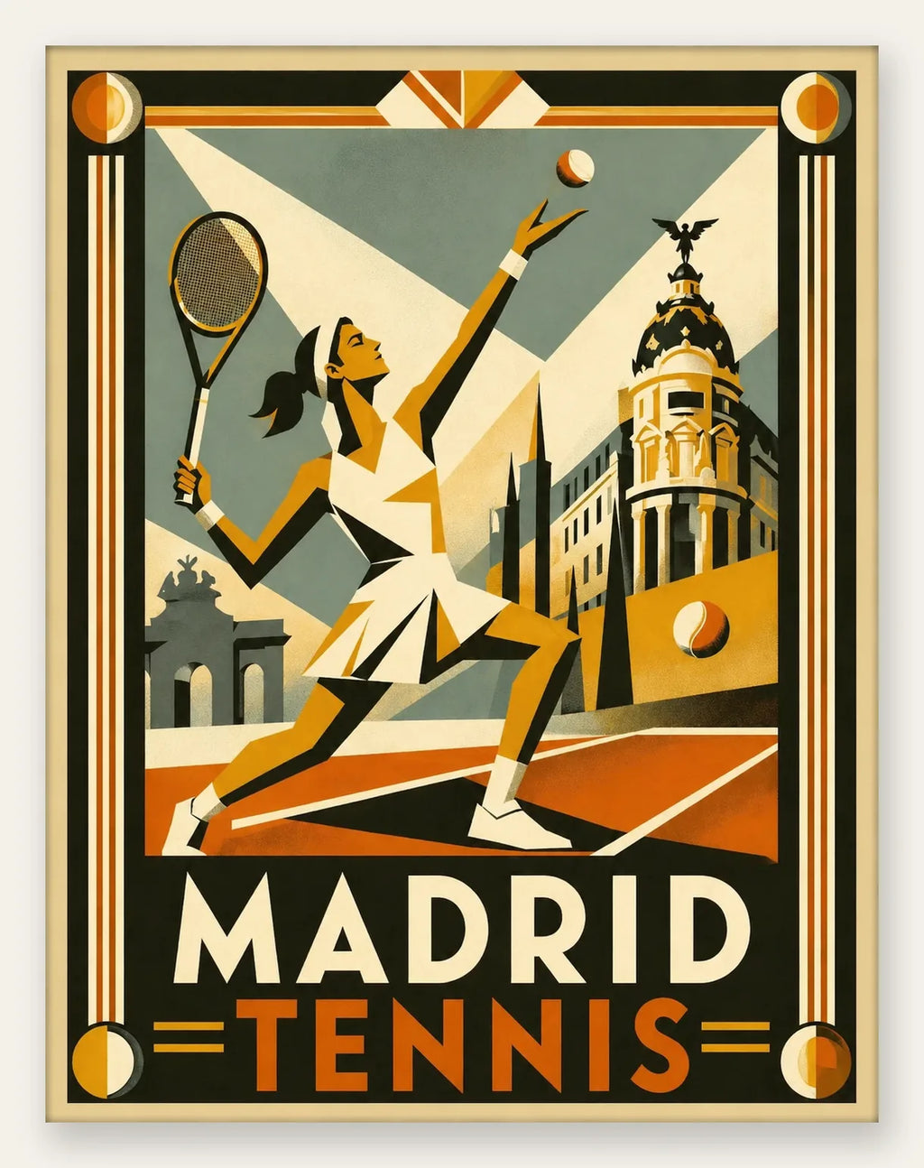 Affiche tennis Madrid art deco, joueuse au service avec rayons dores diagonaux et Metropolis en fond ambre terracotta