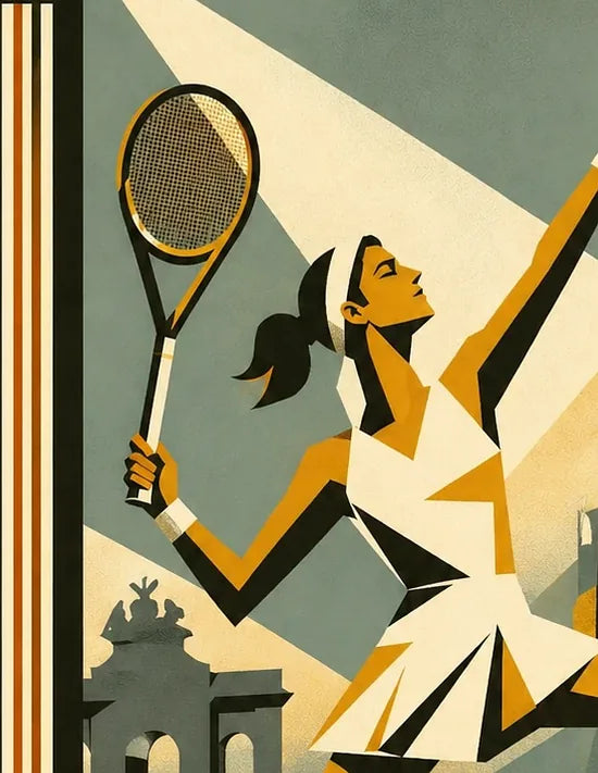 Gros plan sur le bras et la raquette de la joueuse au service, rayons dores Art Deco