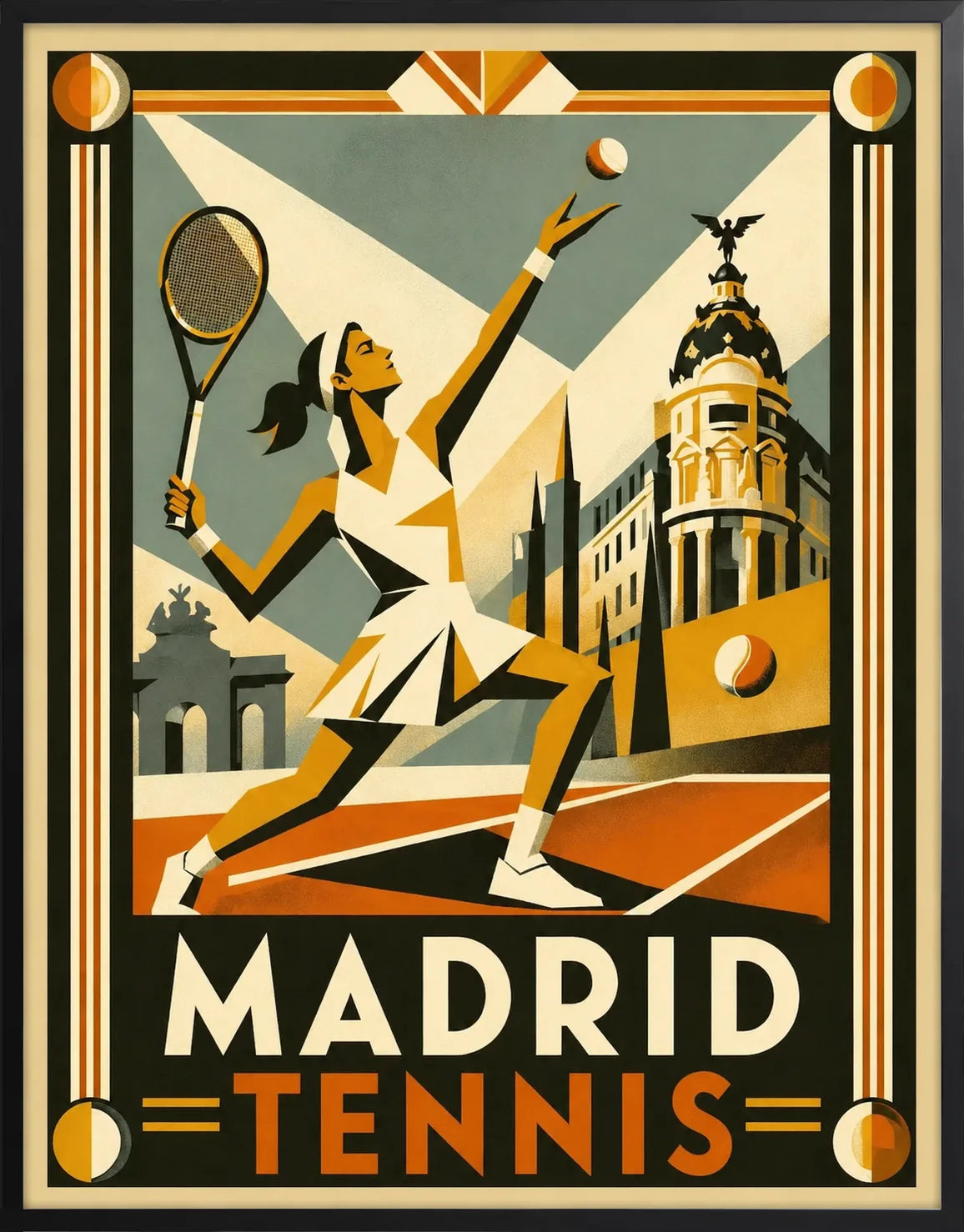 Encadrement noir mat presentant la joueuse au service et le Metropolis Madrid rayons dores