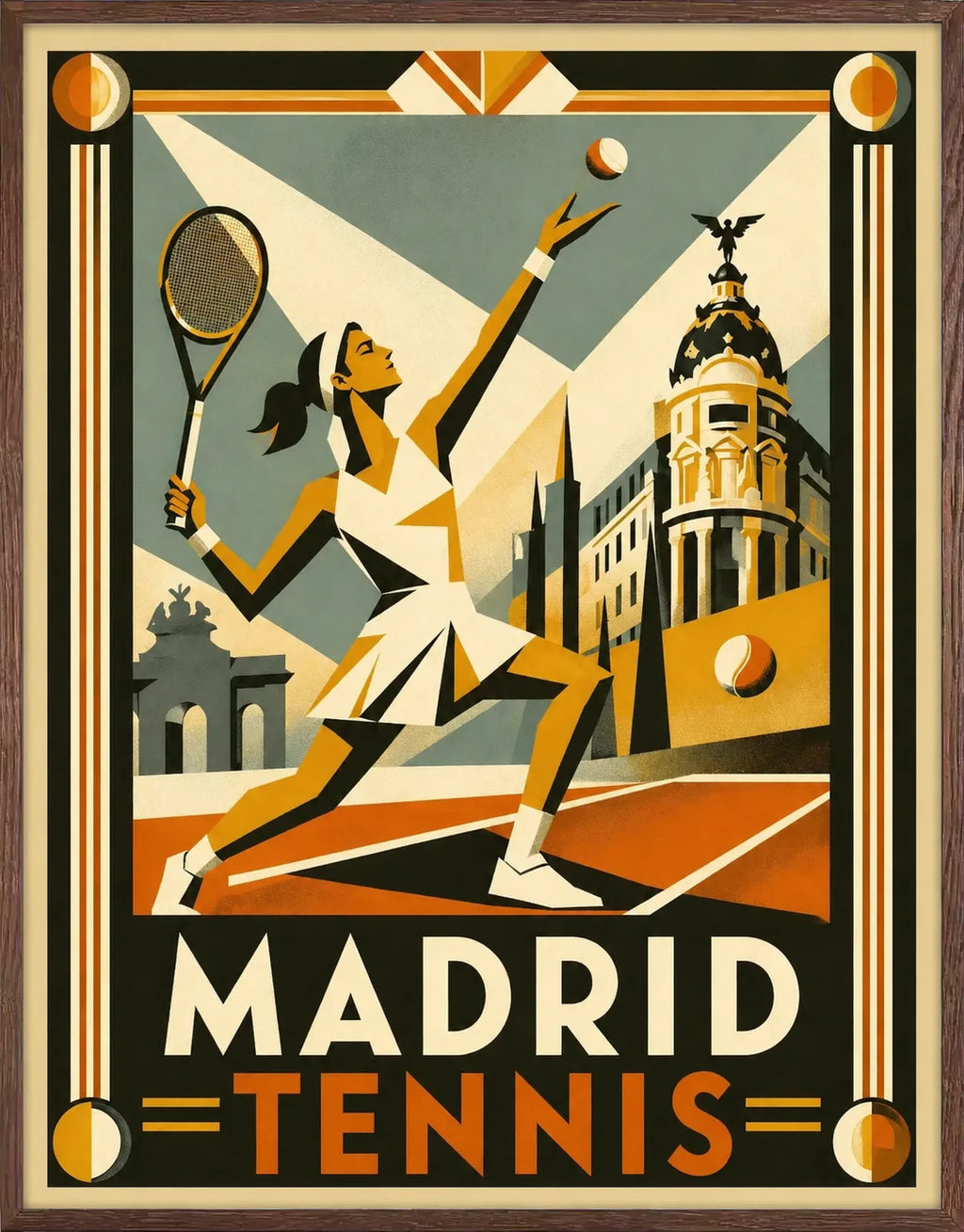 Cadre chene clair autour de l'affiche tennis Madrid service art deco de Cedric des Lauriers