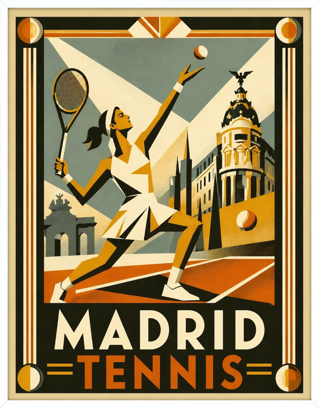Cadre blanc epure pour l'affiche tennis Madrid joueuse service ambre terracotta