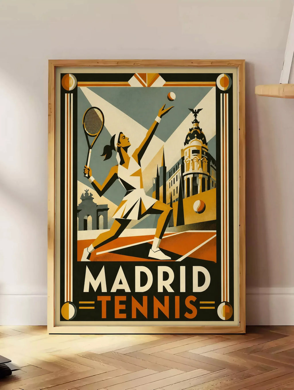 Estampe affiche tennis Madrid art deco, posee au sol dans un coin salon, sur un parquet a chevrons, pres d'une table d'appoint en chene chargee de livres