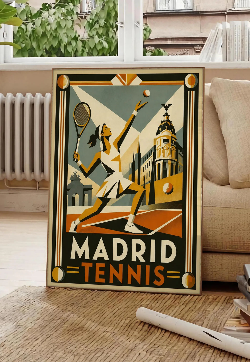Poster affiche tennis Madrid art deco, posee au sol dans un salon parisien, devant une grande fenetre donnant sur un immeuble haussmannien, entre un ficus et un canape creme