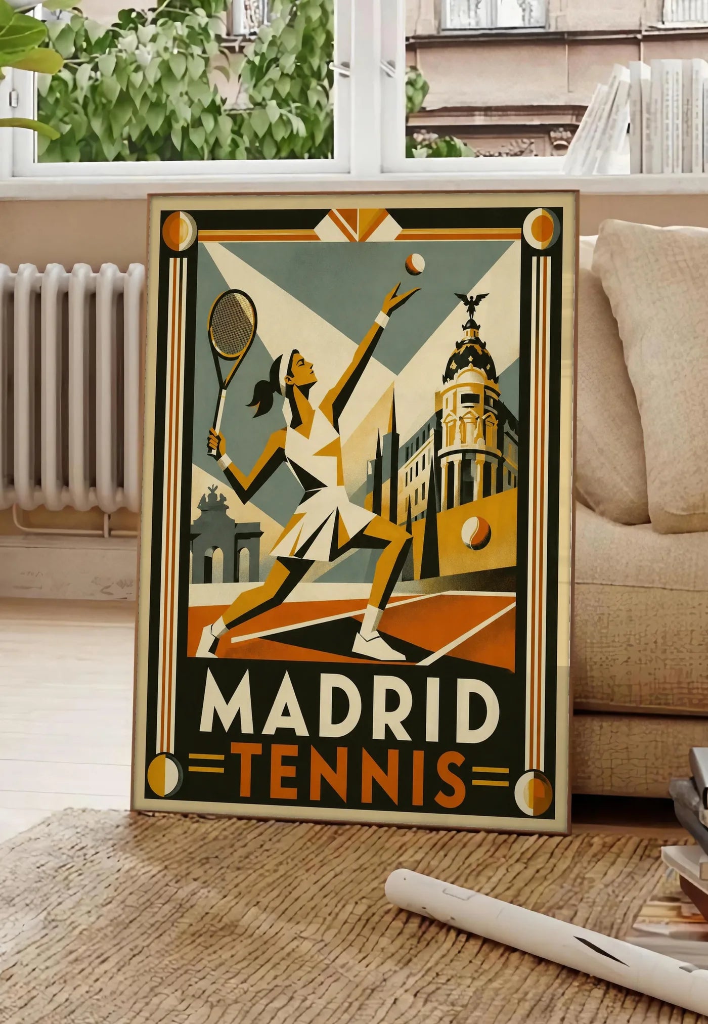 Poster affiche tennis Madrid art deco, posee au sol dans un salon parisien, devant une grande fenetre donnant sur un immeuble haussmannien, entre un ficus et un canape creme
