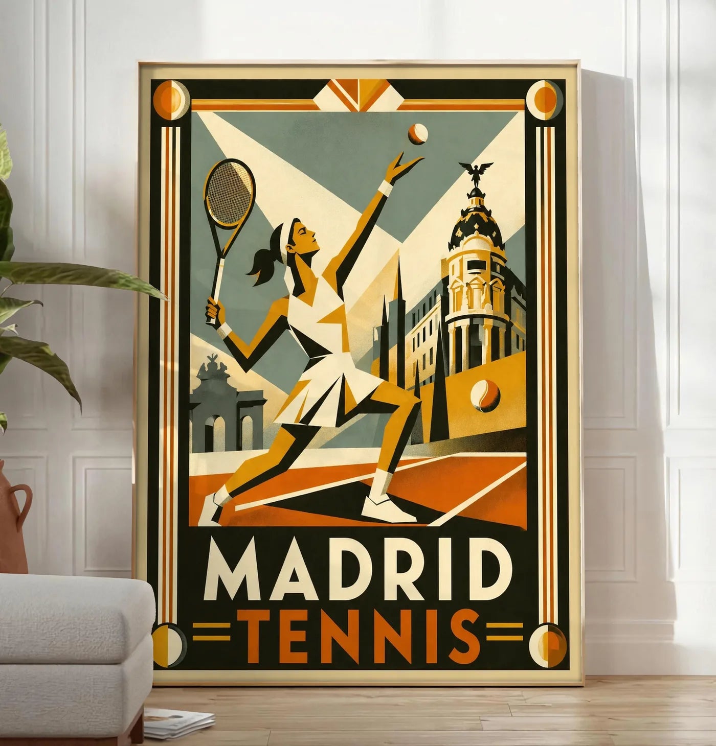 Reproduction affiche tennis Madrid art deco, posee au sol dans un salon minimaliste clair, a cote d'un canape beige et d'une plante verte, sur un parquet clair