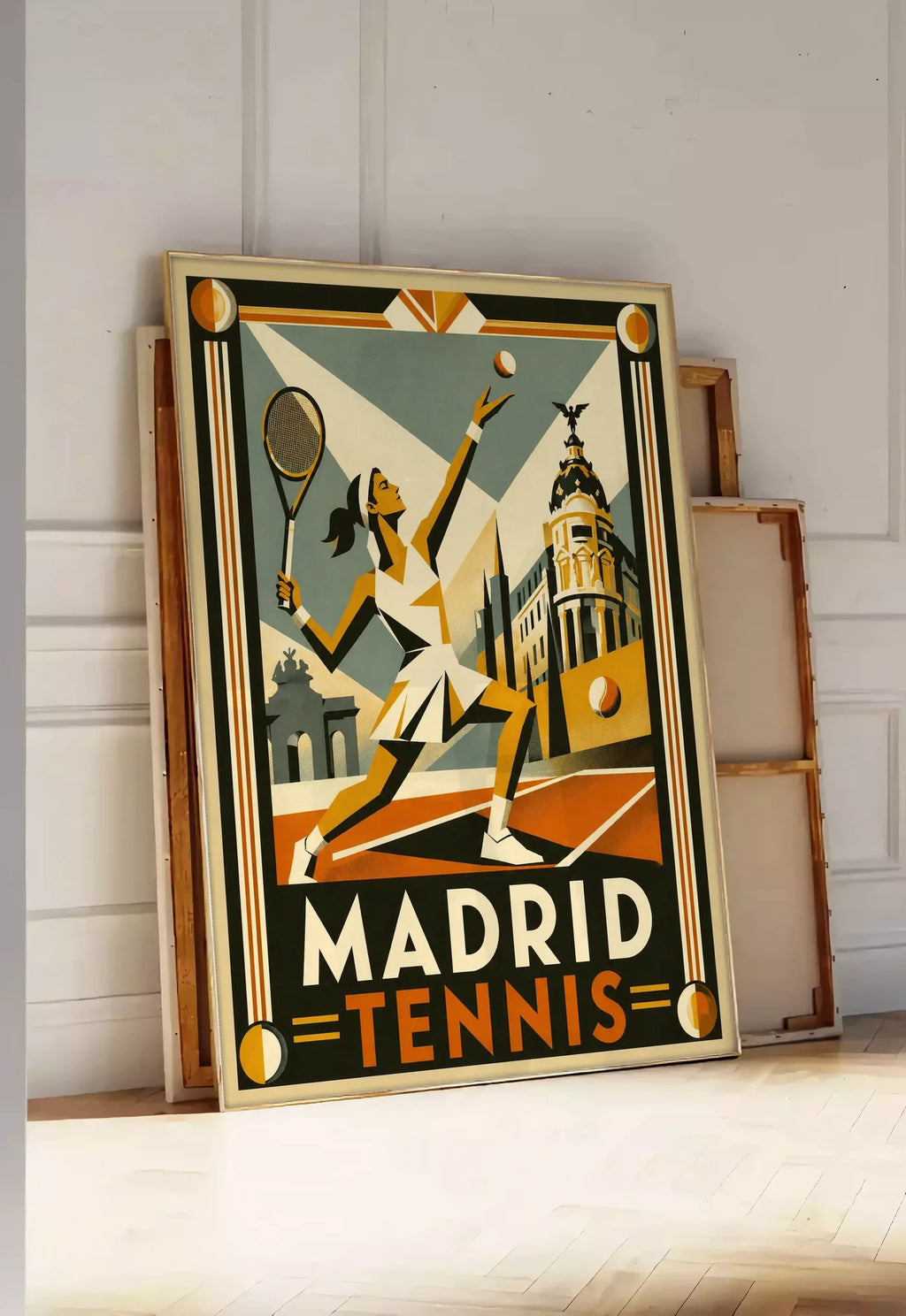 Tirage encadrable affiche tennis Madrid art deco, posee au sol dans une entree lumineuse, contre un mur a panneaux blancs, a cote de chassis en bois empiles