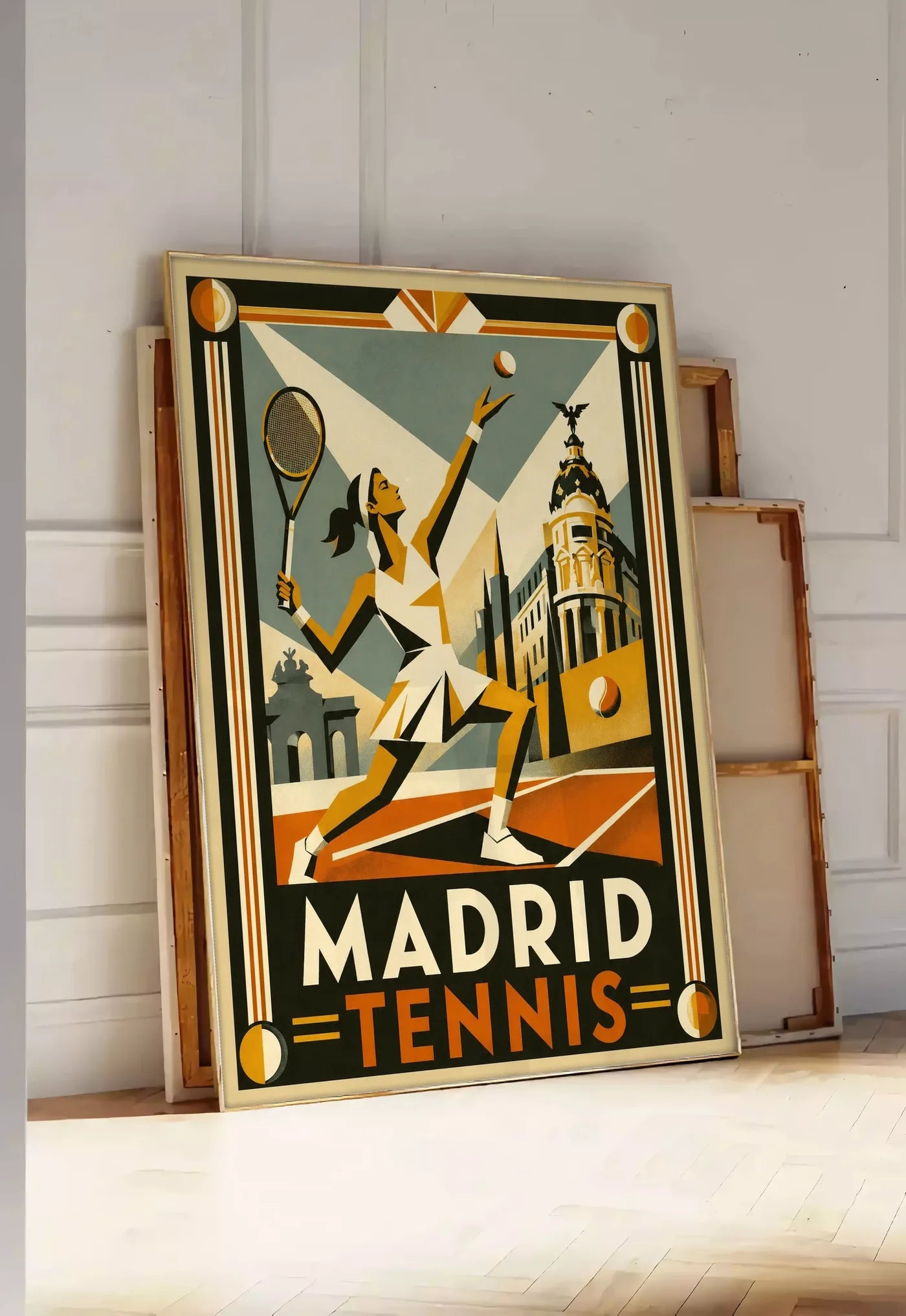 Tirage encadrable affiche tennis Madrid art deco, posee au sol dans une entree lumineuse, contre un mur a panneaux blancs, a cote de chassis en bois empiles