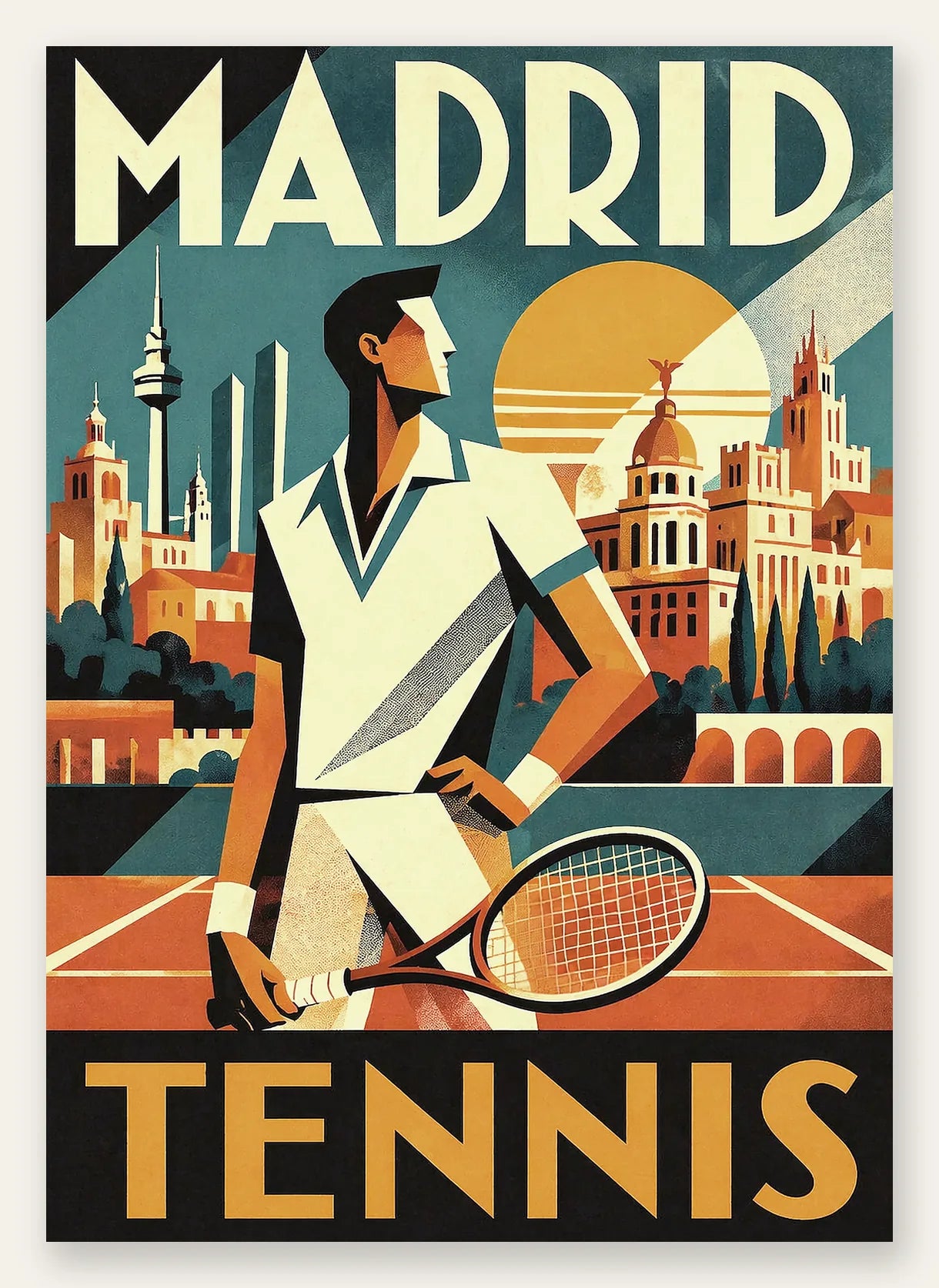 Affiche tennis Madrid art deco, joueur en silhouette avec raquette face au skyline de Madrid et soleil dore teal orange