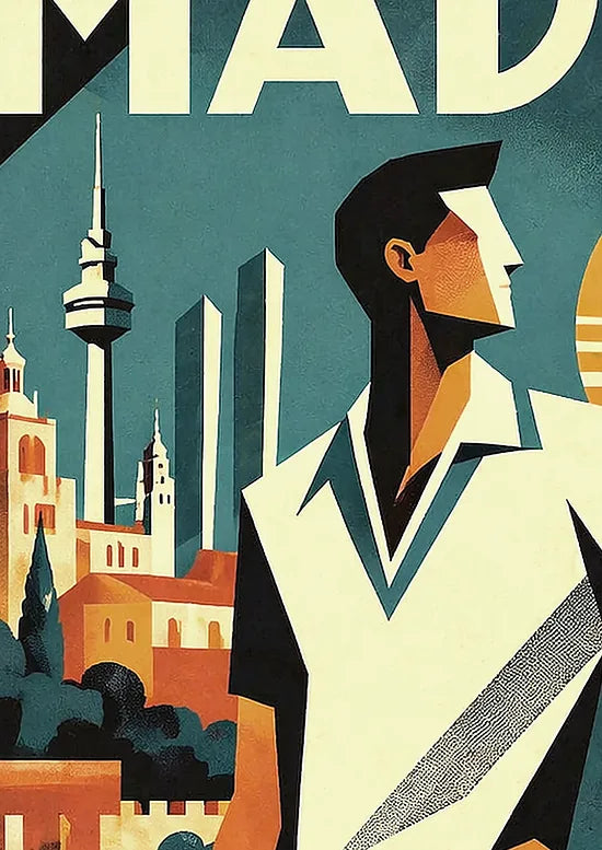 Gros plan sur le joueur en silhouette et le soleil dore au-dessus du skyline de Madrid