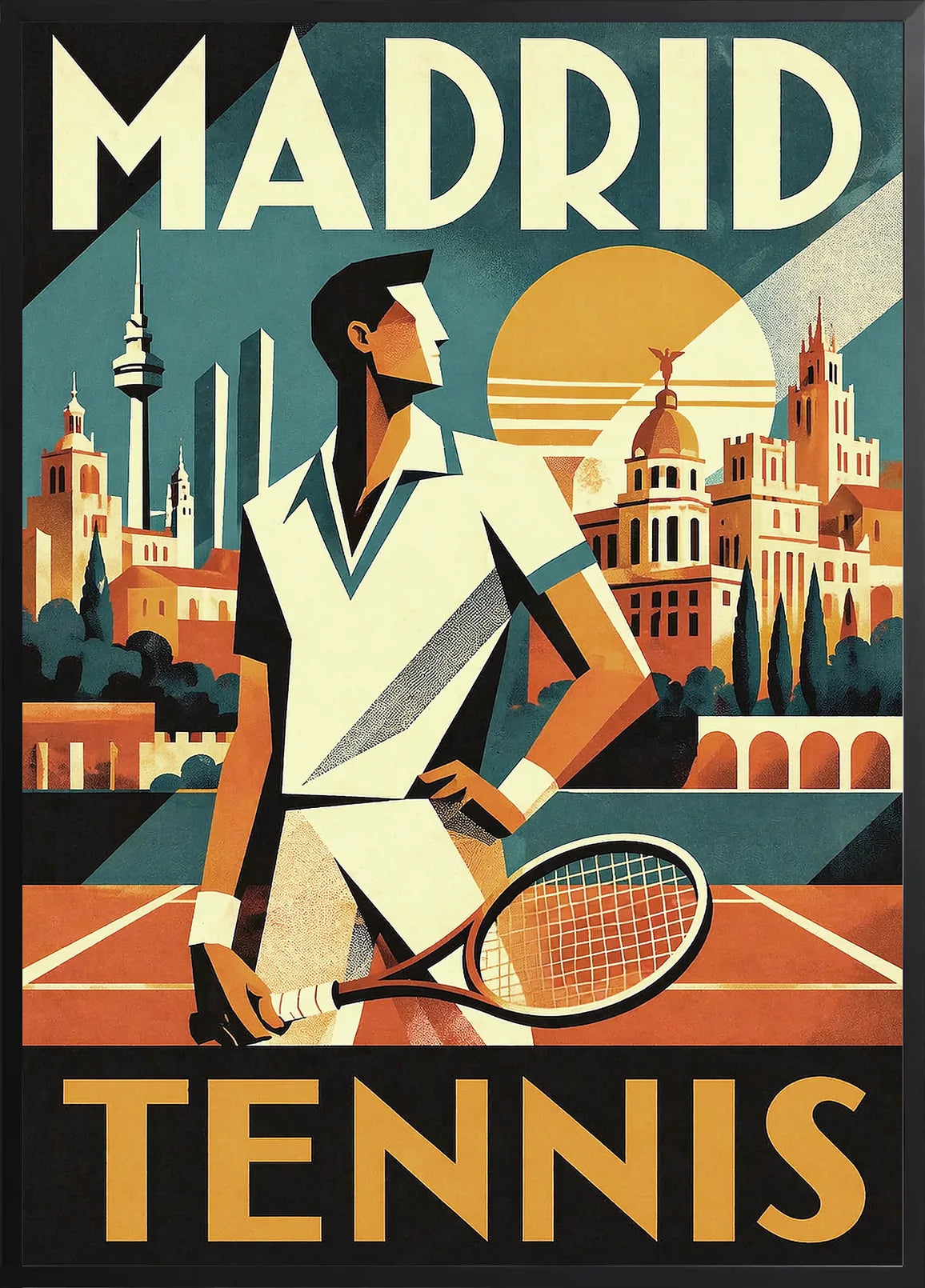 Encadrement noir mat presentant le joueur tennis face au skyline de Madrid teal orange