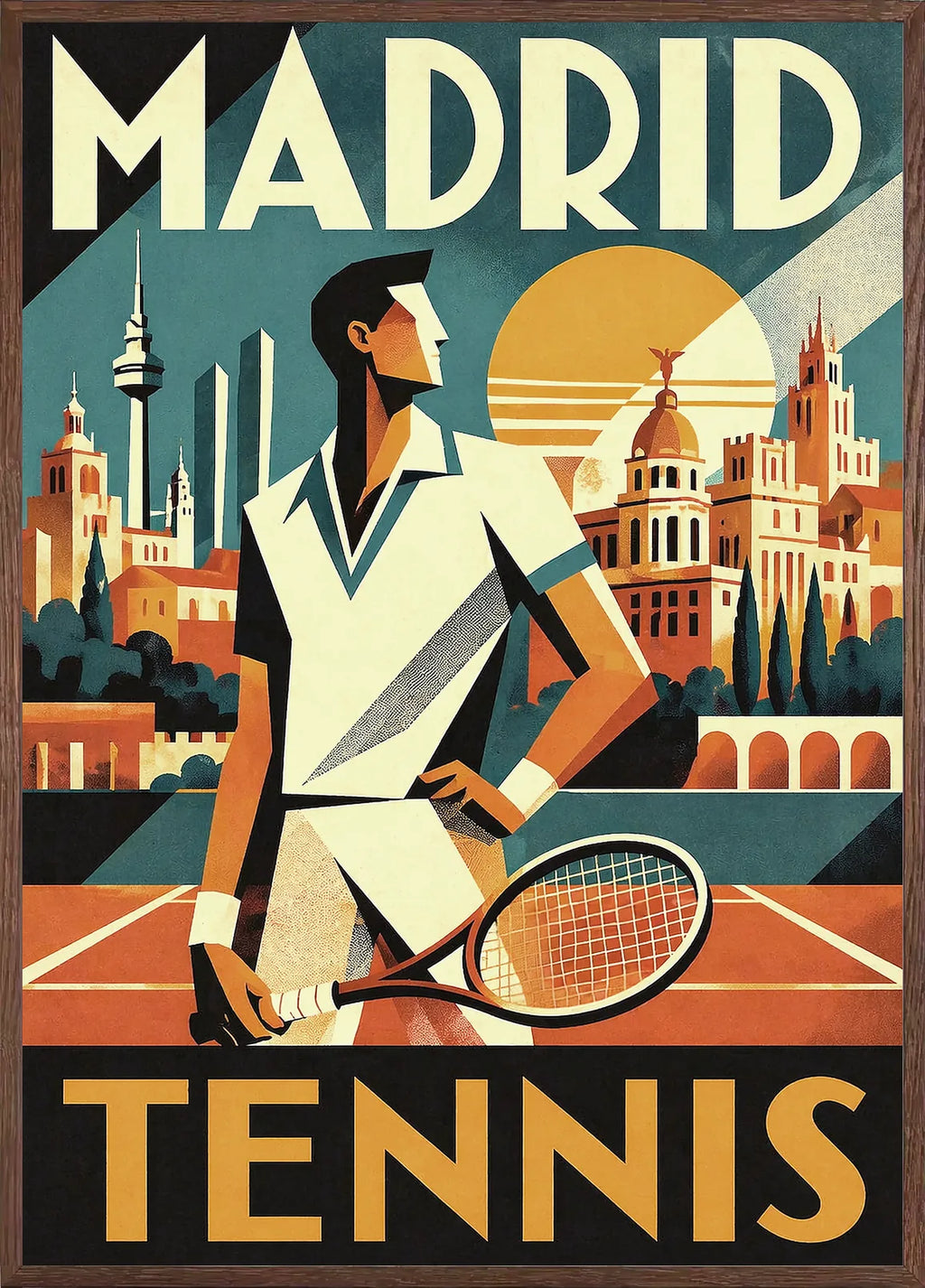 Cadre chene clair autour de l'affiche tennis Madrid skyline art deco de Cedric des Lauriers
