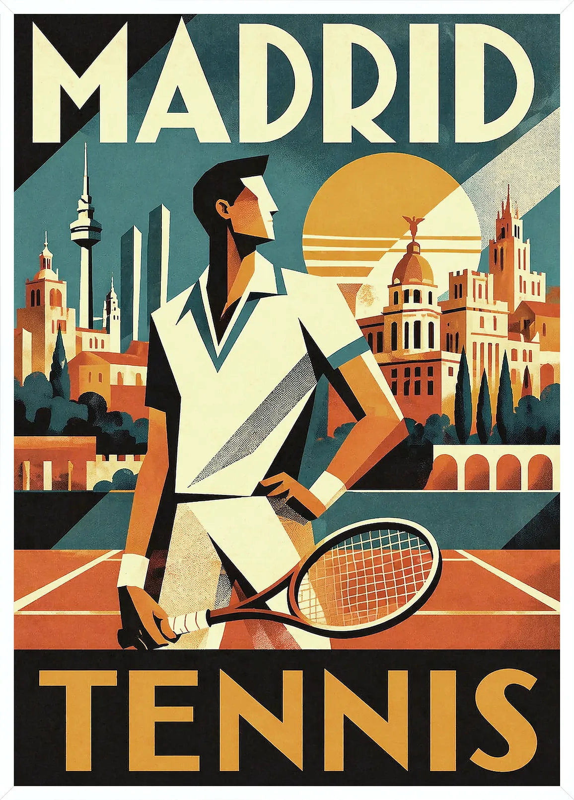 Cadre blanc epure pour l'affiche tennis Madrid skyline soleil dore coupoles