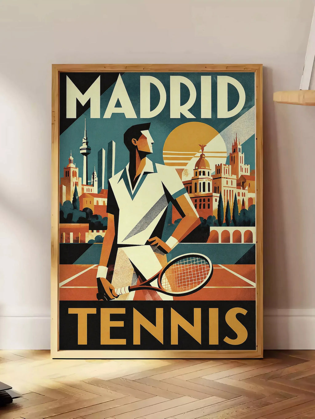 Estampe affiche tennis Madrid art deco, posee au sol dans un coin salon, sur un parquet a chevrons, pres d'une table d'appoint en chene chargee de livres