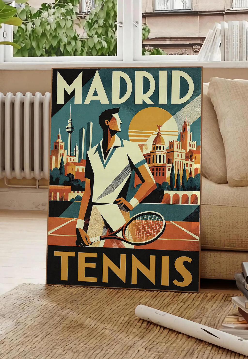 Poster affiche tennis Madrid art deco, posee au sol dans un salon parisien, devant une grande fenetre donnant sur un immeuble haussmannien, entre un ficus et un canape creme