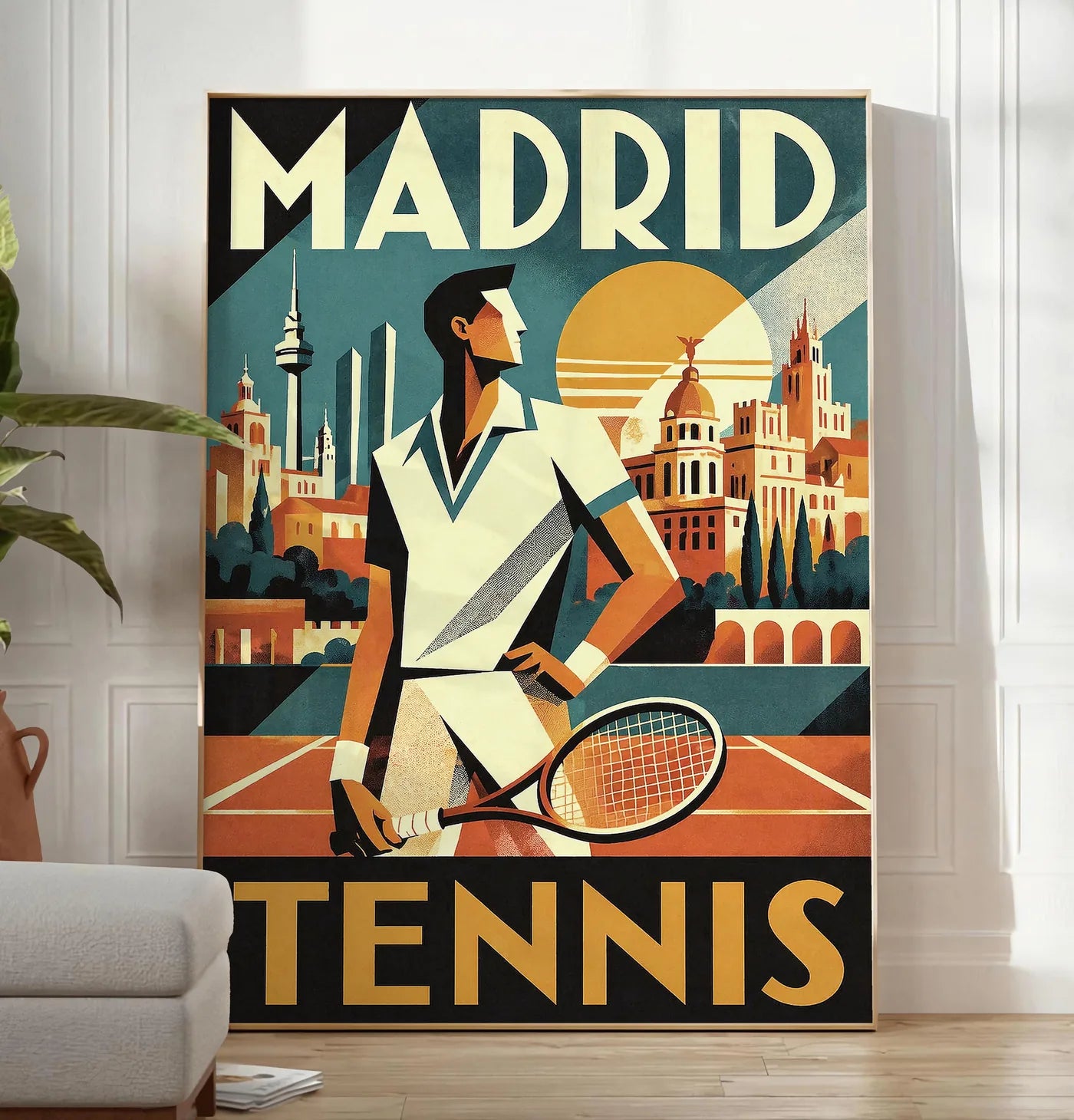 Reproduction affiche tennis Madrid art deco, posee au sol dans un salon minimaliste clair, a cote d'un canape beige et d'une plante verte, sur un parquet clair
