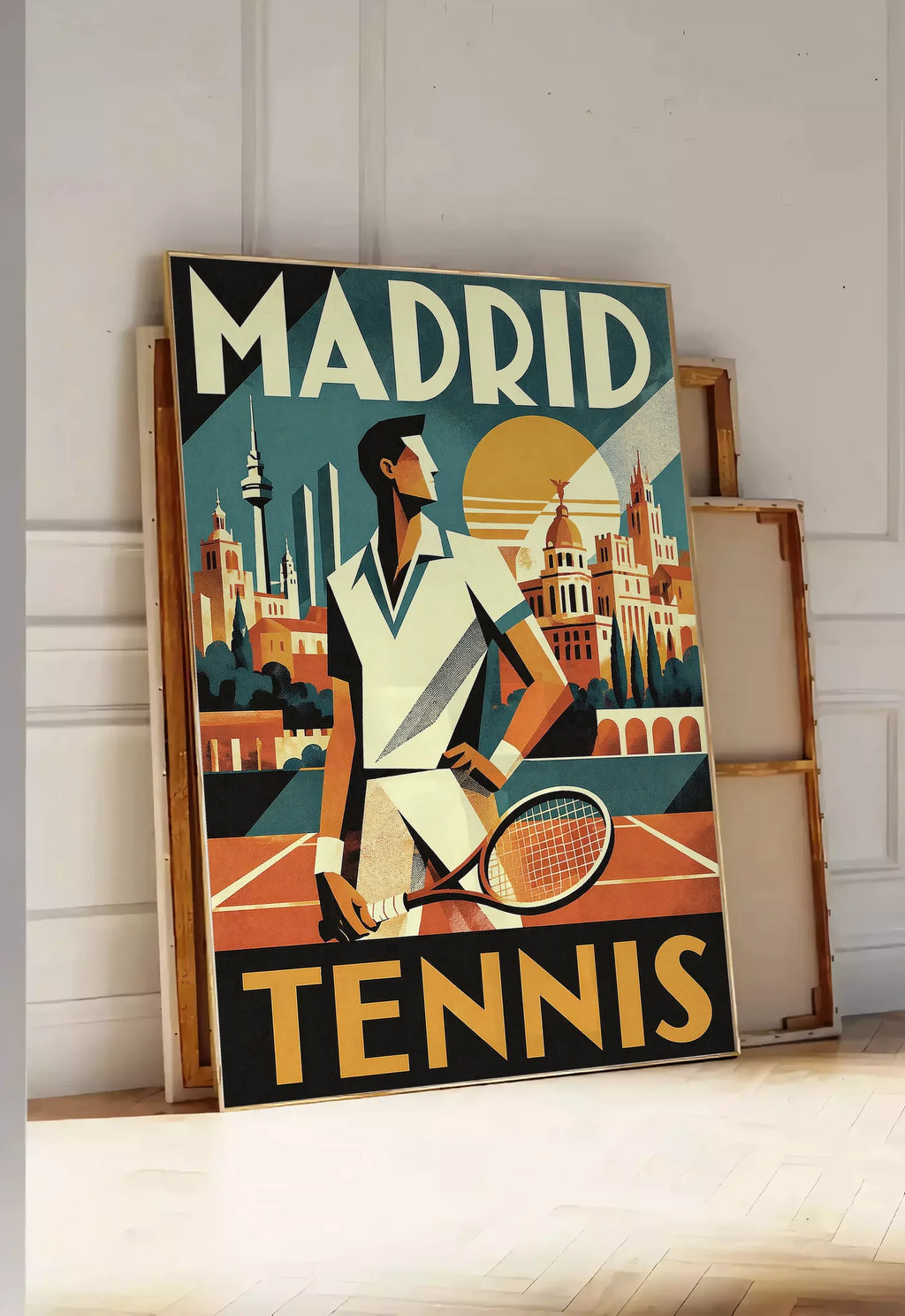 Tirage encadrable affiche tennis Madrid art deco, posee au sol dans une entree lumineuse, contre un mur a panneaux blancs, a cote de chassis en bois empiles