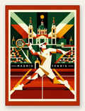 Affiche tennis Madrid art deco, joueuse au smash en robe blanche et coupoles espagnoles sur fond terracotta