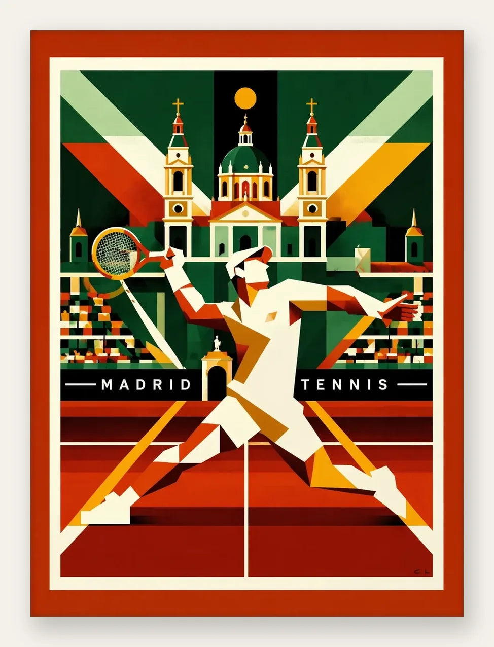 Affiche tennis Madrid art deco, joueuse au smash en robe blanche et coupoles espagnoles sur fond terracotta