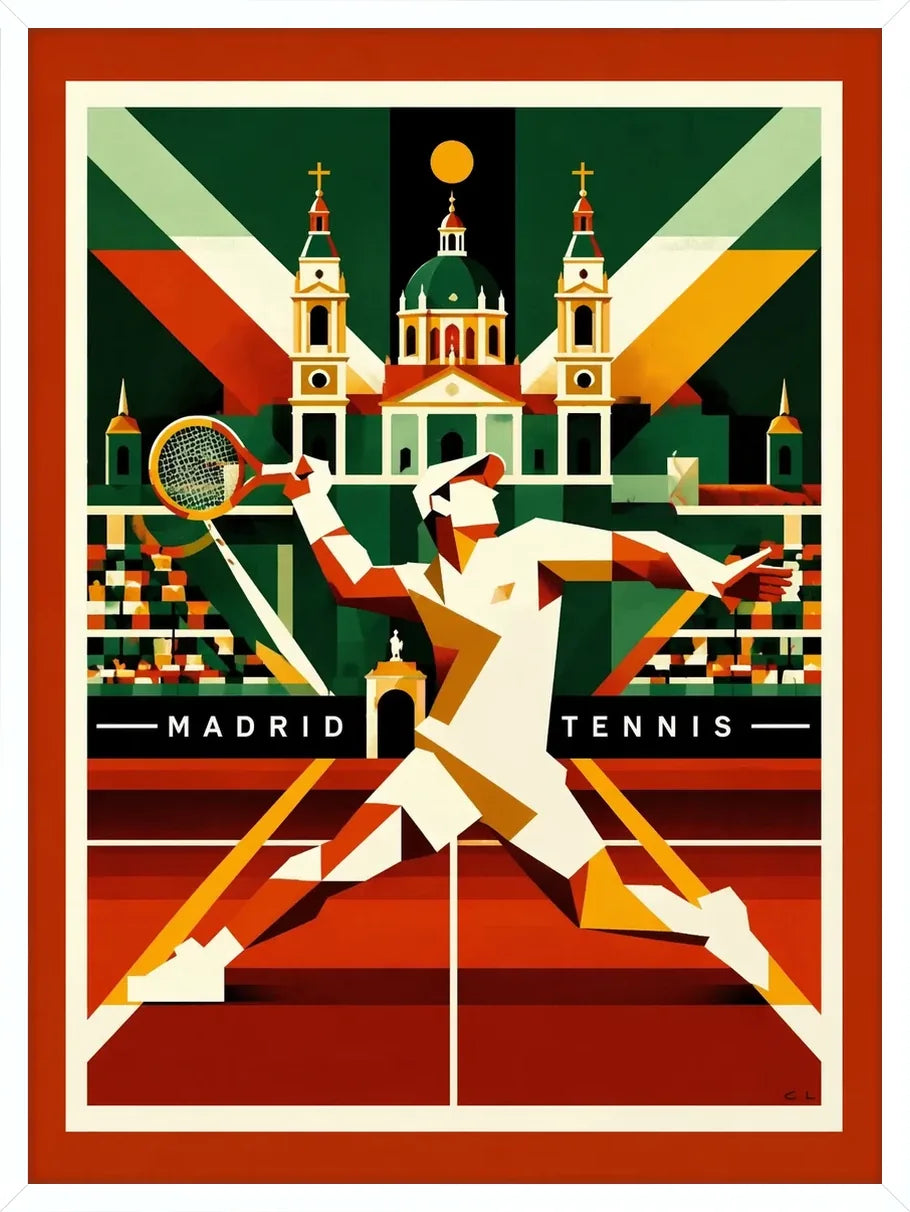 Cadre blanc epure pour l'affiche tennis Madrid smash joueuse robe blanche