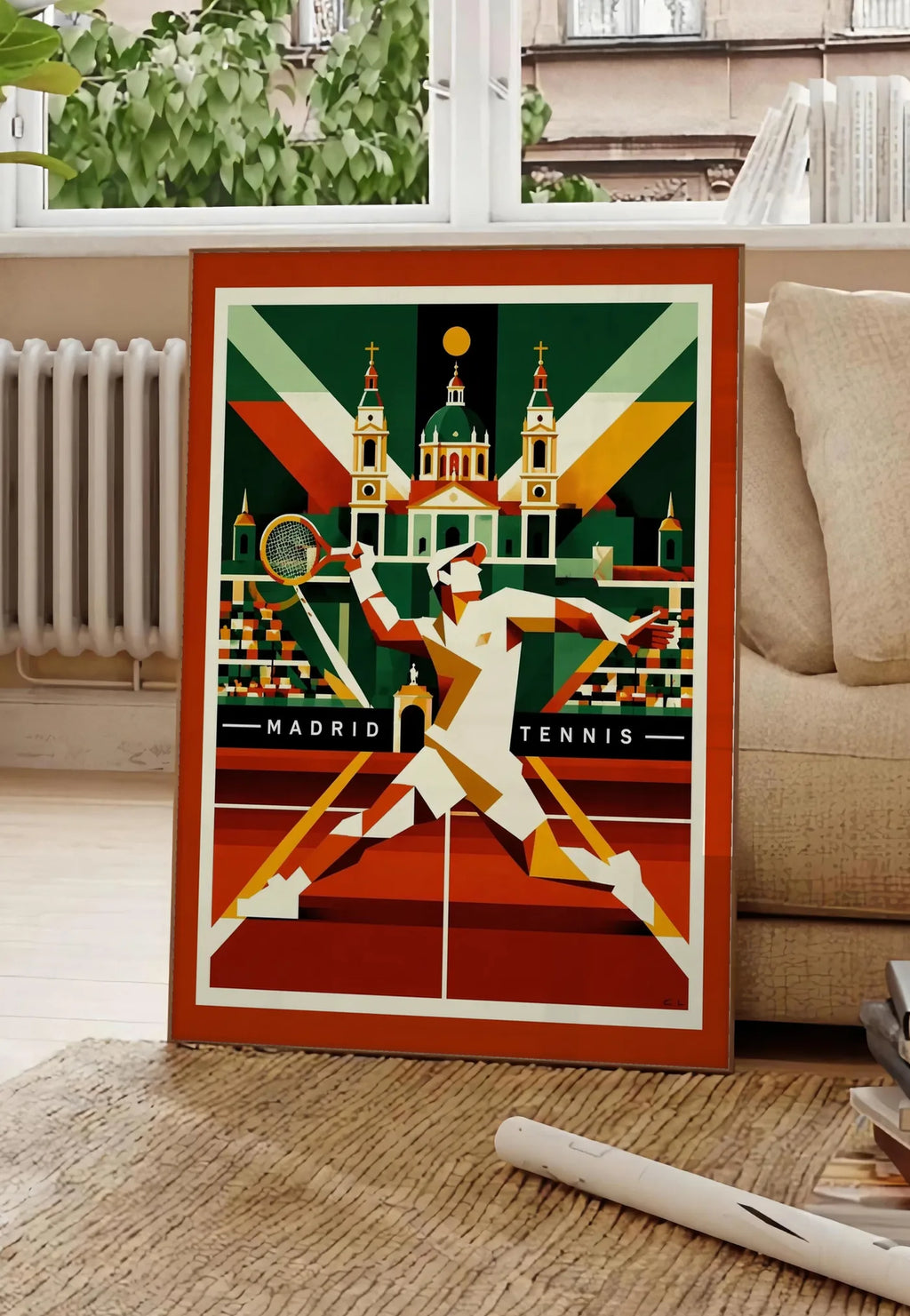 Poster affiche tennis Madrid art deco, posee au sol dans un salon parisien, devant une grande fenetre donnant sur un immeuble haussmannien, entre un ficus et un canape creme