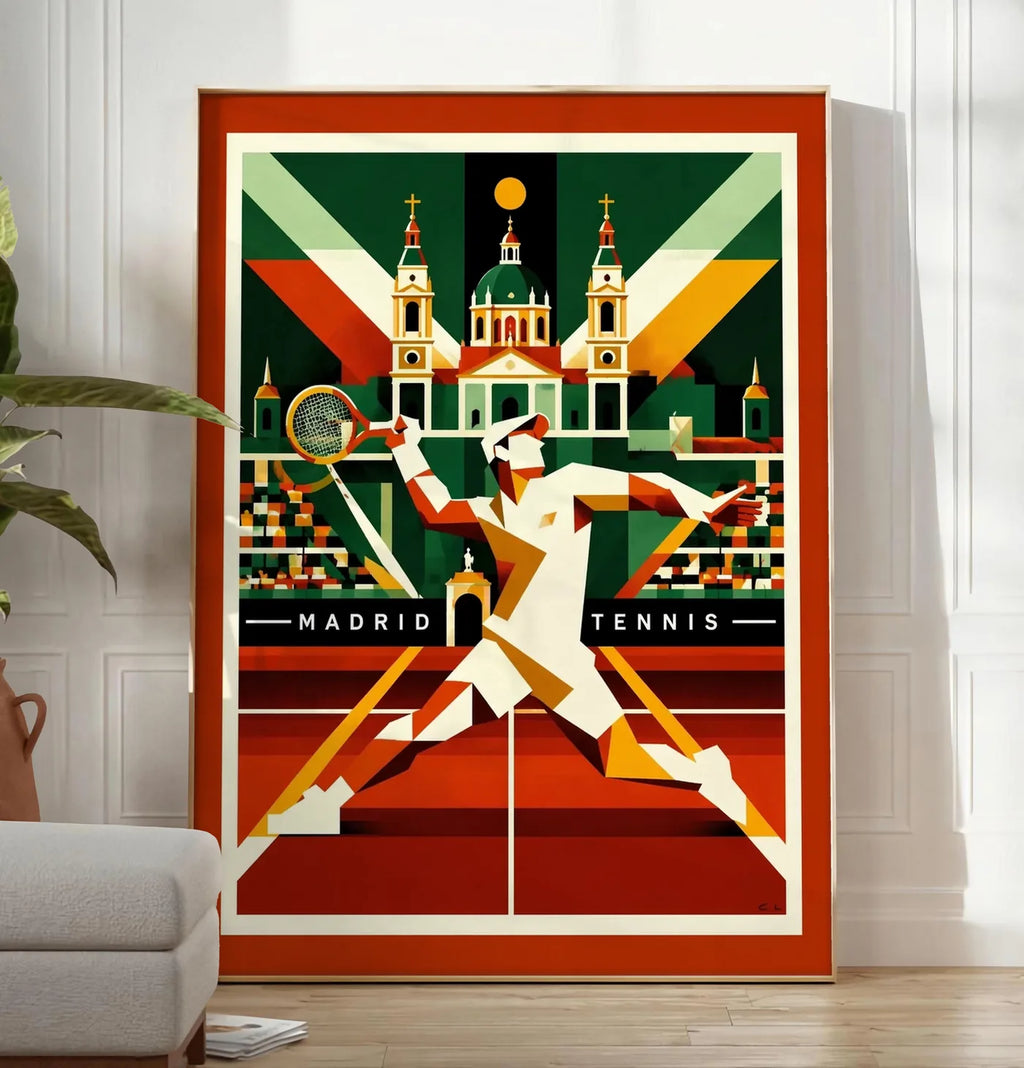 Reproduction affiche tennis Madrid art deco, posee au sol dans un salon minimaliste clair, a cote d'un canape beige et d'une plante verte, sur un parquet clair