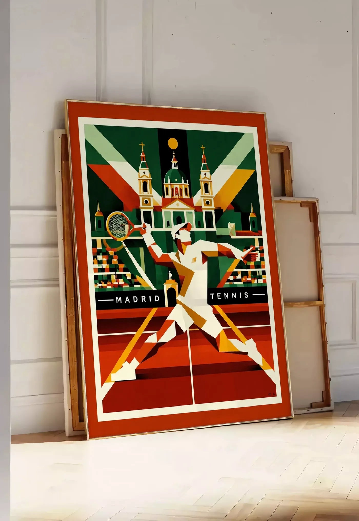 Tirage encadrable affiche tennis Madrid art deco, posee au sol dans une entree lumineuse, contre un mur a panneaux blancs, a cote de chassis en bois empiles