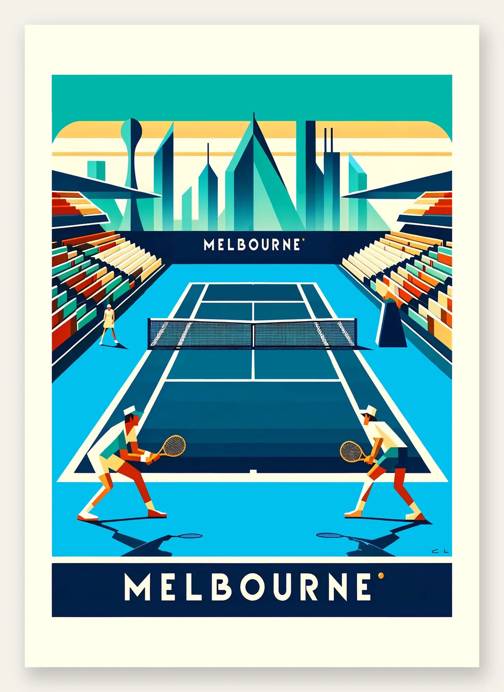 Deux joueurs de tennis sur court bleu, skyline de Melbourne