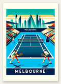 Deux joueurs de tennis sur court bleu, skyline de Melbourne
