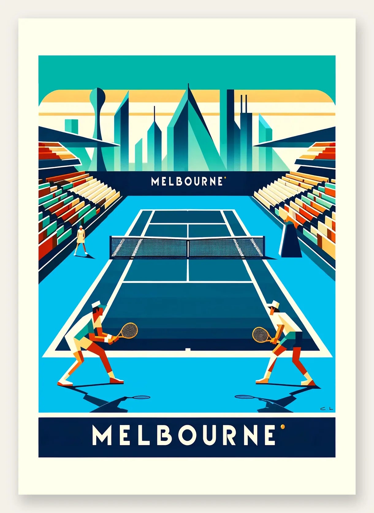 Deux joueurs de tennis sur court bleu, skyline de Melbourne