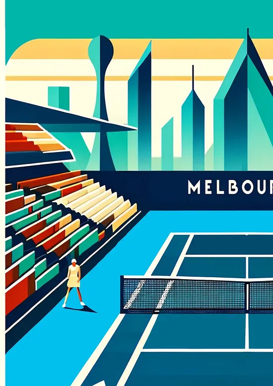Gros plan sur deux joueurs de tennis sur court bleu, skyline de Melbourne
