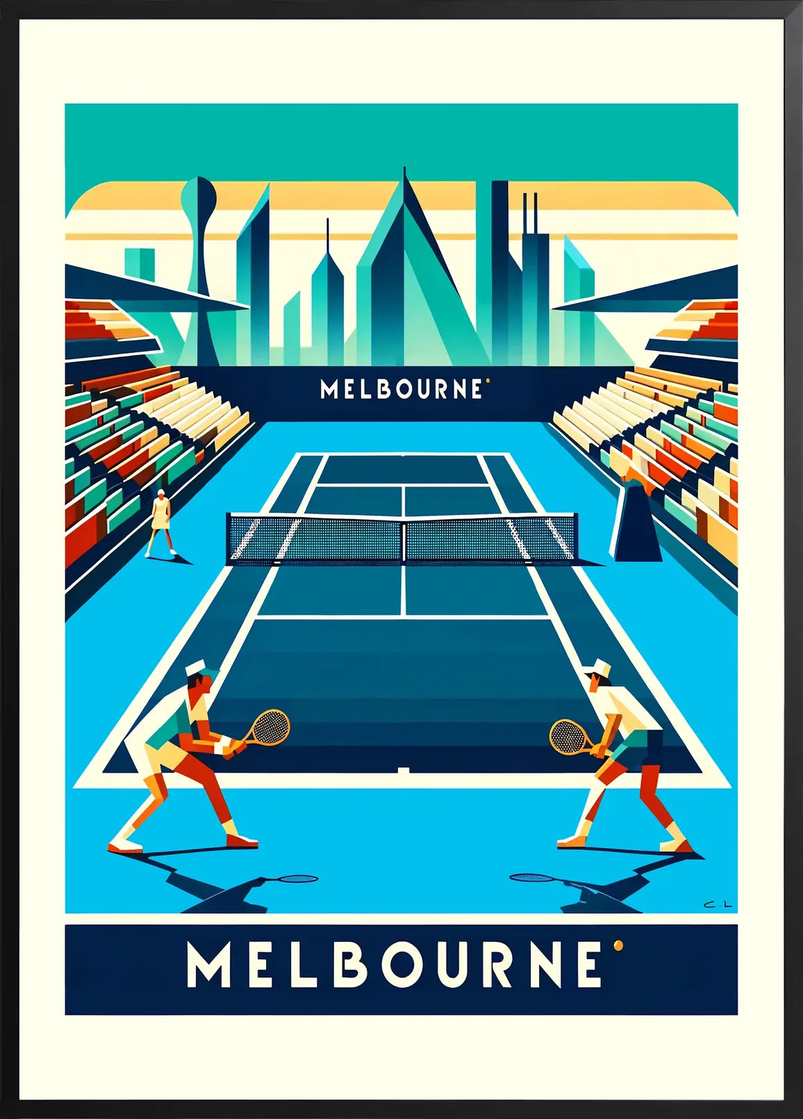 Encadrement noir mat autour de deux joueurs de tennis sur court bleu, skyline de Melbourne