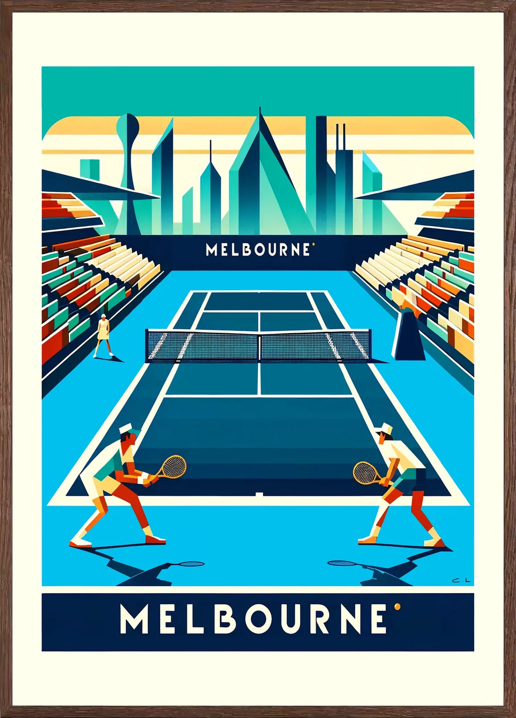 Cadre chene clair entourant deux joueurs de tennis sur court bleu, skyline de Melbourne