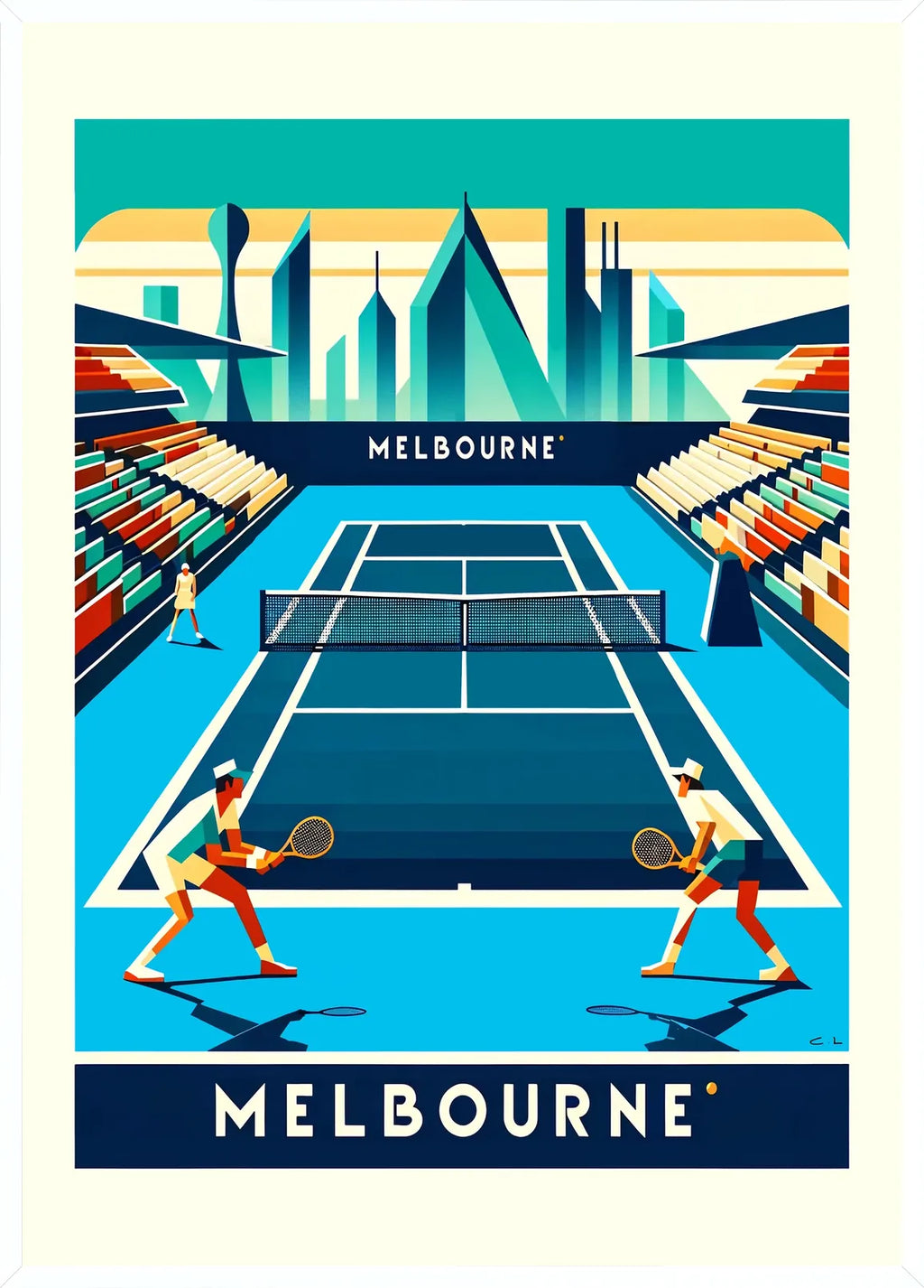 Cadre blanc epure presentant deux joueurs de tennis sur court bleu, skyline de Melbourne