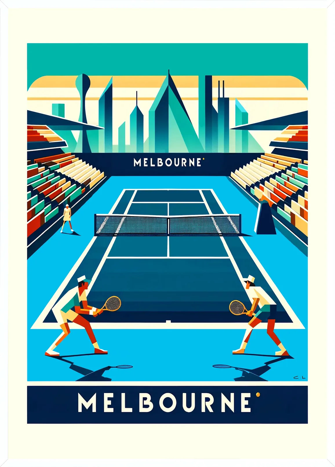 Cadre blanc epure presentant deux joueurs de tennis sur court bleu, skyline de Melbourne