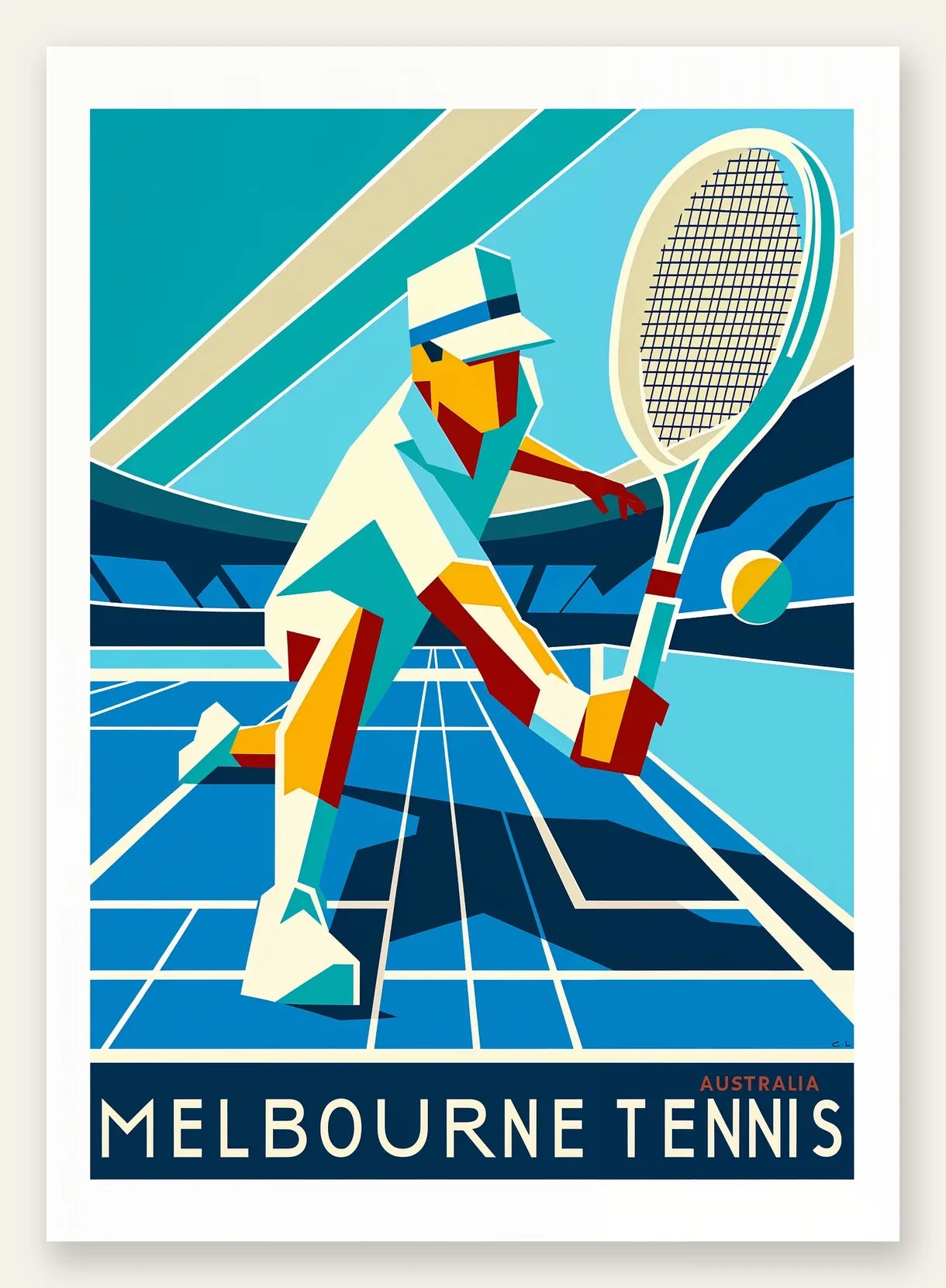 Affiche tennis Melbourne Art Deco, joueur cubiste avec raquette sur court bleu