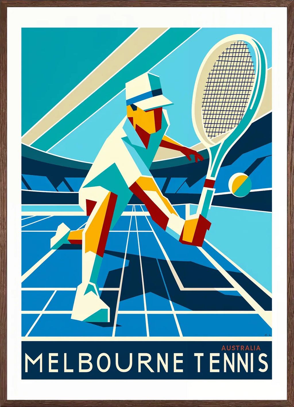 Cadre chene clair entourant l'affiche tennis Melbourne Art Deco